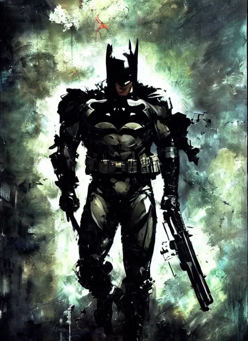 Prompt: batman wearing metal gear armor holding gun dramatic lighting art by brandon anschultz by yoji shinkawa by richard schmid by greg rutkowski by sandra chevrier by jeremy lipking cinematic dramatic brush strokes background