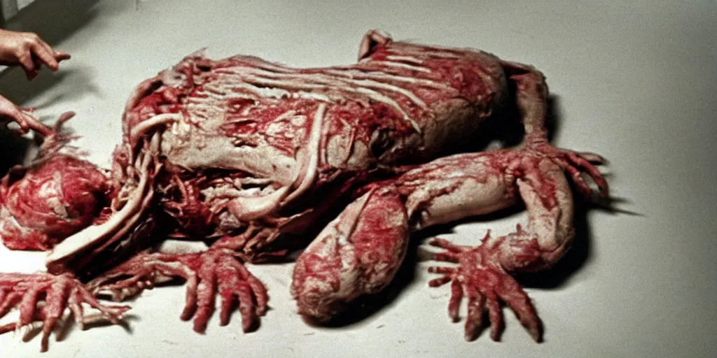 Prompt: filmic extreme wide shot dutch angle movie still 35mm film color photograph of a doctor's stomach sliced open, he is trying to hold his internal organs in place as they fall onto the floor in the style of a horror film The Thing 1982