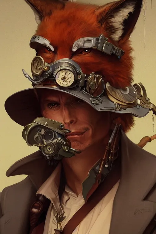 Image similar to heroic character design of anthropomorphic whimsical fox, portrait, western, steampunk, clint eastwood face, duster, fantasy, intricate, elegant, highly detailed, digital painting, artstation, concept art, sharp focus, illustration, art by artgerm and greg rutkowski and alphonse mucha