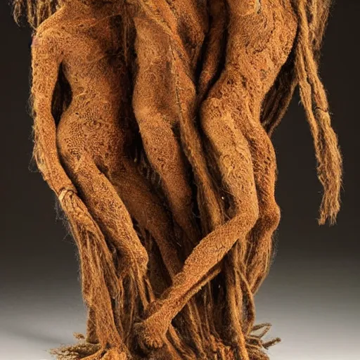 Image similar to dmt bodies. Mesh of human figures intertwined. earthen colors. The medium of this sculpture is human hair. A mess of human hair. Matted hair woven dreadlock sculpture. Tangled splitend hair. barbershop floor. Sculpted of coconut fibers. Surreeal fibrous art. Designed by August Rodine.