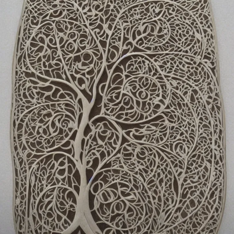 Image similar to vintage art nouveau style tree of life, detailed filigree fretwork lacework