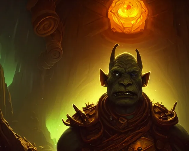 Prompt: a 4 k cinematic screenshot still portrait of a orc in a dark liminal space room surrounded by amber glow, deep focus, d & d, fantasy, intricate, elegant, highly detailed, digital painting, art station, concept art, matte, sharp focus, illustration, dark fantasy style art, hearthstone, art by artgerm and greg rutkowski and alphonse mucha