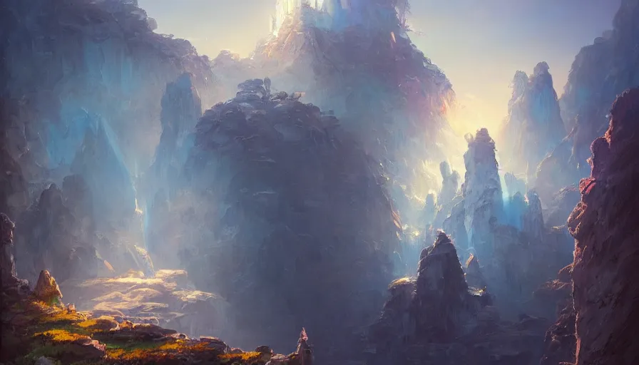 Image similar to a beautiful painting of a crystal castle set on top of a cliff, sun shining light rays thorugh the clouds, andreas rocha, greg rutkowski, trending on artstation, blue color scheme