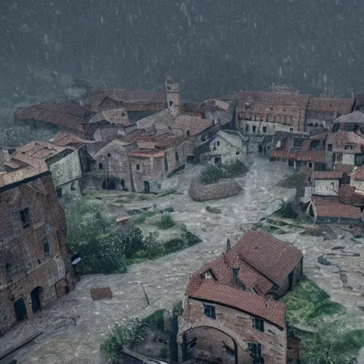 Image similar to the center of a poor medieval town under heavy rain at late night, in a valley, surrounded by mountains, highly detailed, octane render, ultra detailed cinematic, 8 k, widescreen, 1 6 : 9, hd