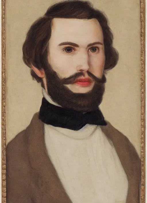 Image similar to portrait of handsome young elf with brown eyes brown hair and a short neat beard by charles angrand, only one head single portrait, pointy ears, wearing a black leather collared jacket