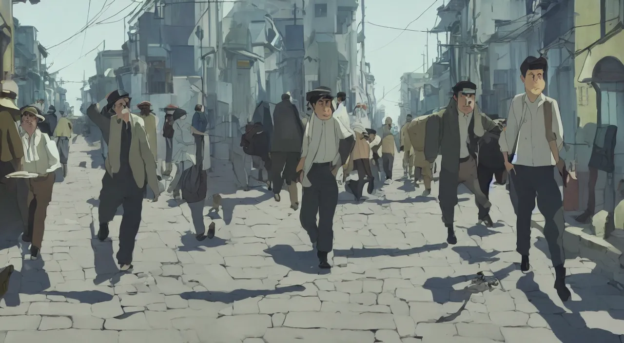 Image similar to ernest shackleton in a crisp white linen shirt and slacks, leather boots, walking in a cuban street, 1 9 0 0, genndy tartakovsky, atey ghailan, goro fujita, studio ghibli, rim light, mid morning lighting, clear focus, very coherent