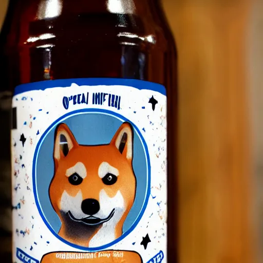 Image similar to a beer can label featuring a shiba inu