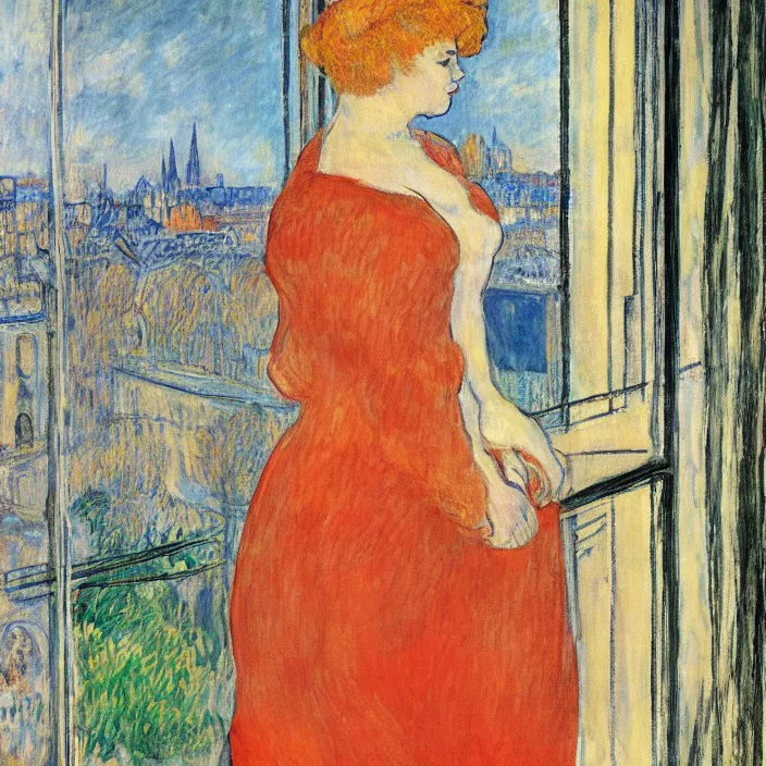 Image similar to woman in vermillion dress and white cat with city with gothic cathedral seen from a window frame with curtains. thunderstorm. bonnard, henri de toulouse - lautrec, utamaro, matisse, monet