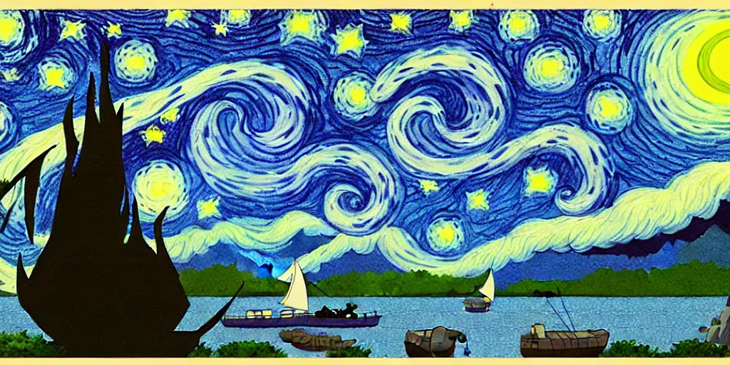 Prompt: a very dull wide shot still from ponyo ( 2 0 0 8 ) of matsushima bay on a starry night. perfect art, grimdark, trending on pixiv fanbox, painted by studio ghibli