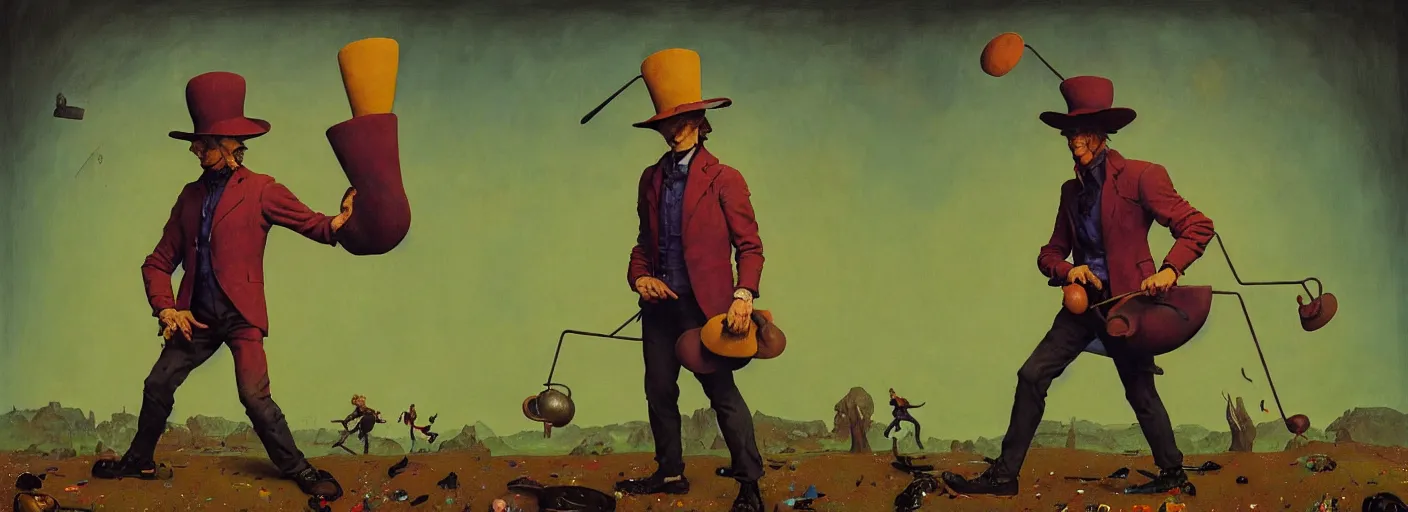 Image similar to full - body portrait surreal colorful clay fighting artstation rpg hatter character concept art anatomy, action pose, very coherent and colorful high contrast masterpiece by norman rockwell franz sedlacek hieronymus bosch dean ellis simon stalenhag rene magritte gediminas pranckevicius, dark shadows, sunny day, hard lighting, reference sheet white! background