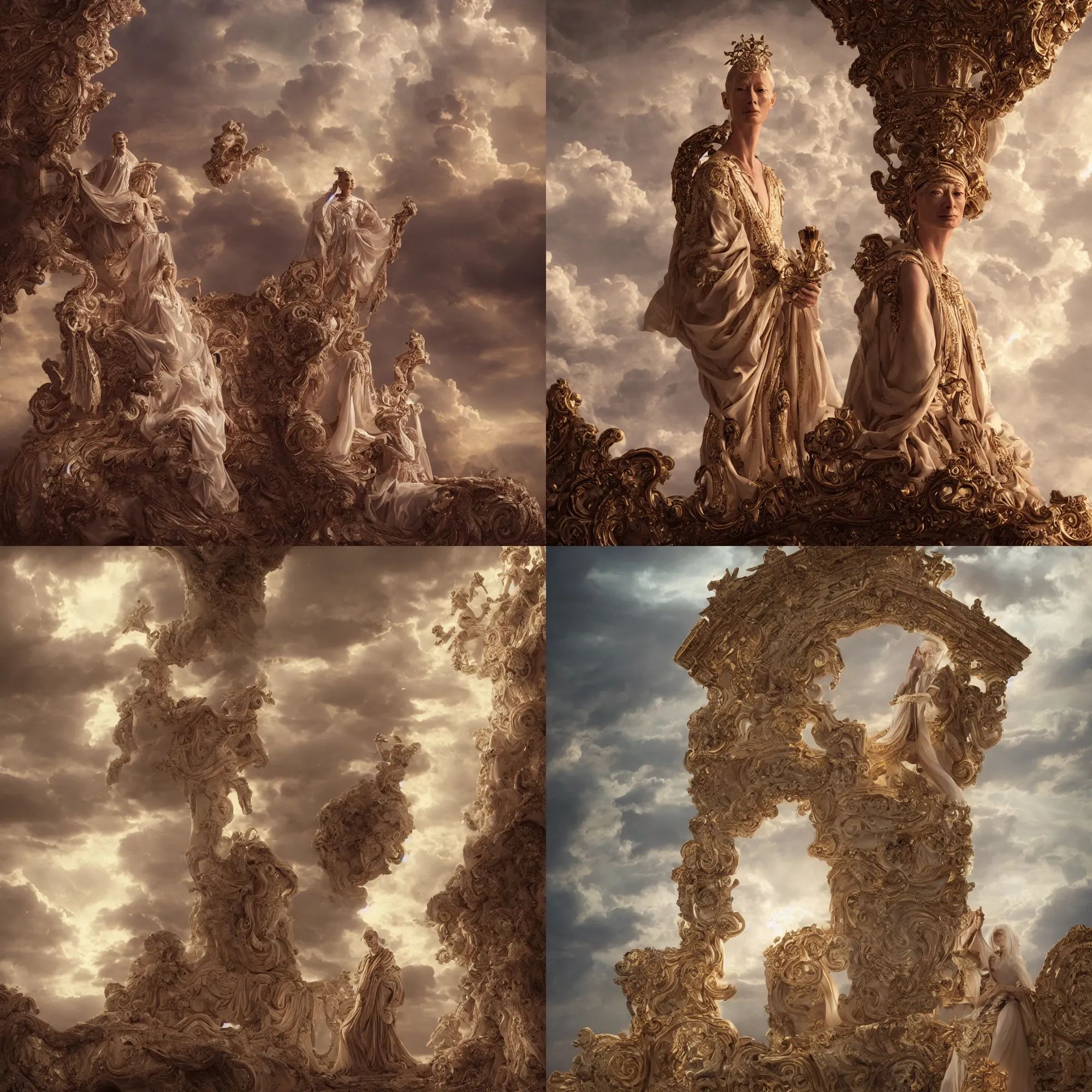 Prompt: Tilda Swinton dressed as a Roman priestess on an ornate marble throne surrounded by heavenly clouds, beautiful face, beautiful light, light particles, intricate artwork. octane render, trending on artstation, Greg Rutkowski, Fragonard, golden hour, symmetrical, very coherent, cinematic, hyper realism, high detail, vibrant