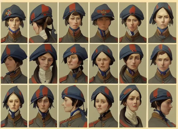 Image similar to 1 8 5 5 british crimean war nurse, character face study, multiple angles, directions and moods. faces only, concept art finely detailed perfect art, painted by greg rutkowski makoto shinkai takashi takeuchi studio ghibli, pinterest, cevagraf comics