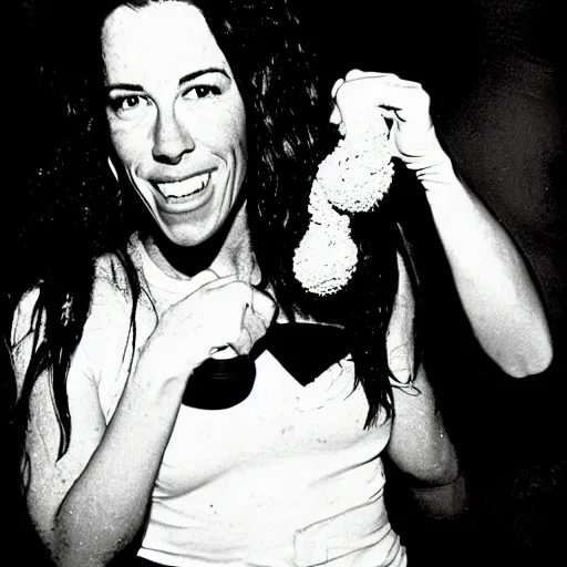Prompt: Alanis Morrissette loves Cap'n Crunch, this is her darkest secret, photograph, 1980s, high contrast, high quality