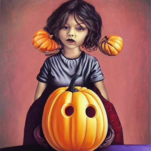 Image similar to Girl eats a giant pumpkin, painting by Mark Ryden