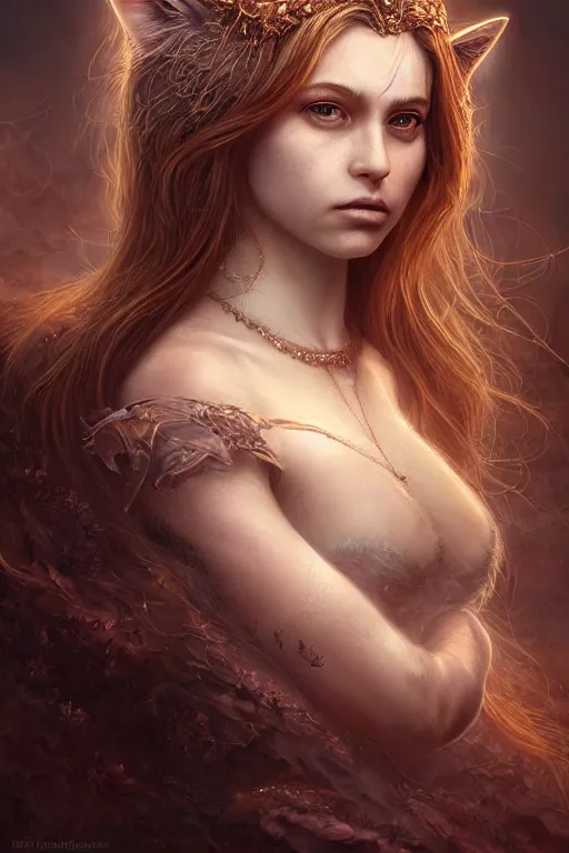 Image similar to majestic and regal portrait of a beautiful young female cat girl!!, intricate, epic, elegant, menacing, fantasy, highly detailed, digital painting, hard focus, beautiful volumetric lighting, epic light, ultra detailed, souls, smoke, by leesha hannigan, ross tran, thierry doizon, kai carpenter, ignacio fernandez rios