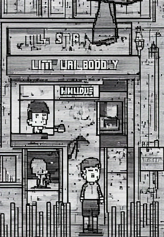 Image similar to little boy holding an umbrella in front of a bar at night, full moon, pixel art, black and white artwork