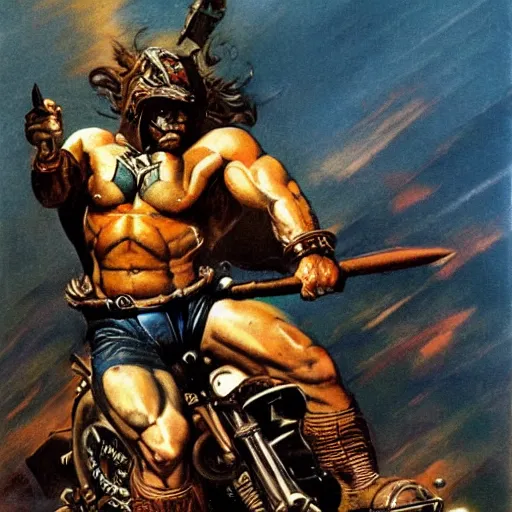 Image similar to into glory ride, artwork by Frank Frazetta, motorcycle, muscular man riding into battle holding sword