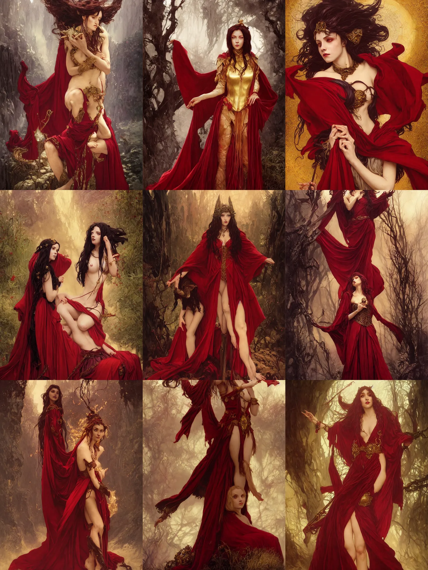 Prompt: Portrait of a beautiful sorceress, alone!!, dnd, d&d, Red robes, golden accents, crimson clothes, corset, young, dark red hair, dark skin, fire eyes, floating, detailed face, highly detailed, high fantasy, matte painting, by Krenz Cushart and Artem Demura and alphonse mucha, artstation, HD, 4K, midjourney