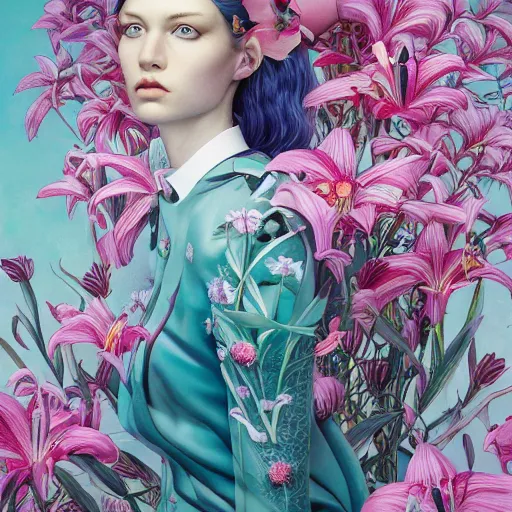 Image similar to pretty model with lilies : : by martine johanna and simon stalenhag and chie yoshii and casey weldon and wlop : : ornate, dynamic, particulate, rich colors, intricate, elegant, highly detailed, vogue, harper's bazaar art, fashion magazine, smooth, sharp focus, 8 k, octane render