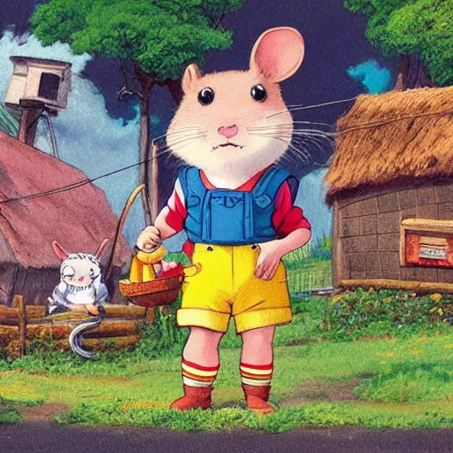 Prompt: a detailed painting of an anthropomorphic hamster kid wearing shorts and suspenders in a rural village, cute, colourful, detailed, high quality, pastel colours, 4 k, by studio disney and studio ghibli and sendak and richard scarry