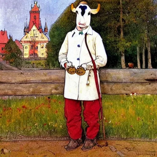 Image similar to painting by carl larsson, cow, dressed, anthropomorphic!!, wearing!!! clothes!!!, standing next to royal castle!!!