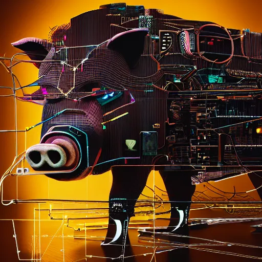 Image similar to a portrait photograph of a big aggressive male cyberpunk pig, circuit boards, motherboard, mainboard, wires, cable management, electrical wires, activity lights, cyberpunk, artstation, detail, hyperrealistic, digital photograph, natural light canon eos c 3 0 0, ƒ 1. 8, 3 5 mm, 8 k