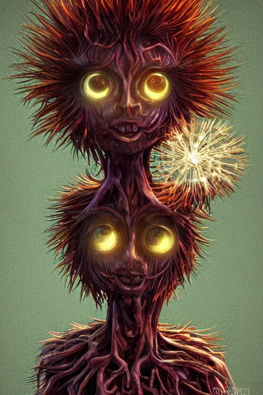 Image similar to a glowing humanoid figure dandelion monster with large eyes, highly detailed, digital art, sharp focus, trending on art station, artichoke, anime art style