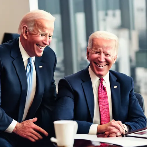 Image similar to stock photo of kim kardashian, and joe biden wearing suits and ties laughing in an office building, 8k resolution, full HD, cinematic lighting, award winning, anatomically correct