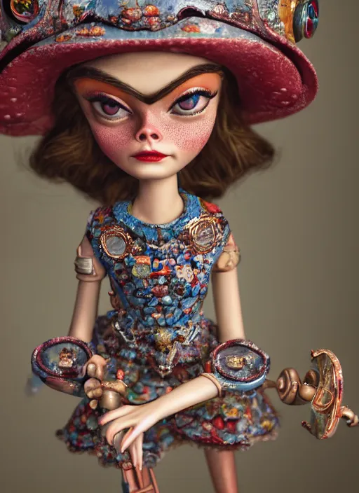 Image similar to closeup of a tin toy cara delevingne, depth of field, zeiss lens, detailed, symmetrical, centered, fashion photoshoot, by nicoletta ceccoli, mark ryden, lostfish, earl nore, hyung tae, frank frazetta, breathtaking, 8 k resolution, extremely detailed, beautiful, establishing shot, artistic, hyperrealistic, octane render