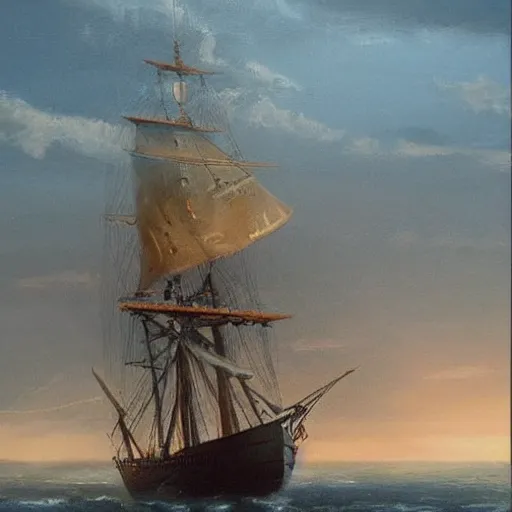 Prompt: an ancient sailing ship off the shore of a beautiful coastline with an omenous biopunk tower with glowing lights rising in the distance, painting by John Berkley