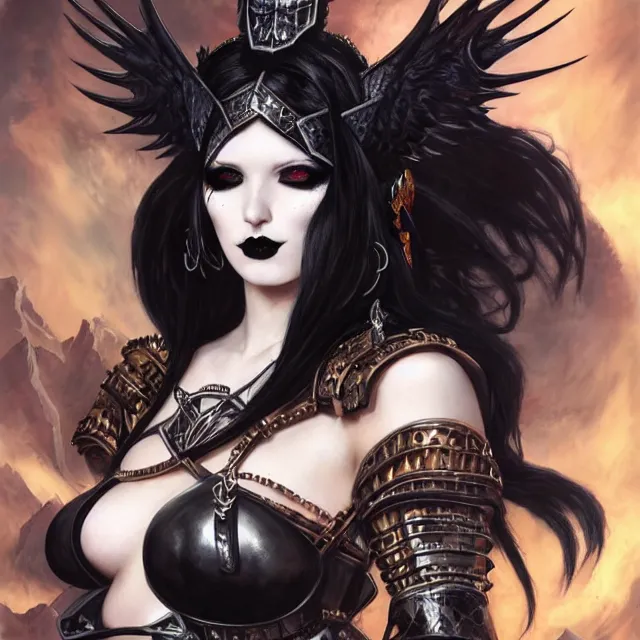 Image similar to portrait of beautiful goth girl cosplay with black hair in warhammer armor, black makeup, string bikini, few tattoos, art by stanley lau and artgem and wlop and magali villeneuve and karol bak and francois boucher and gennady ulybin and valery budanov and gustave boulangerie
