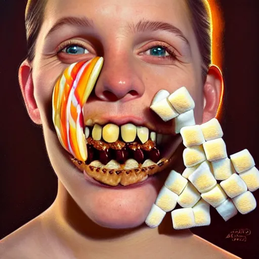 Prompt: drew barrymore face inside! a smore, chocolate, marshmallow graham cracker, digital painting by arcimboldo, rhads