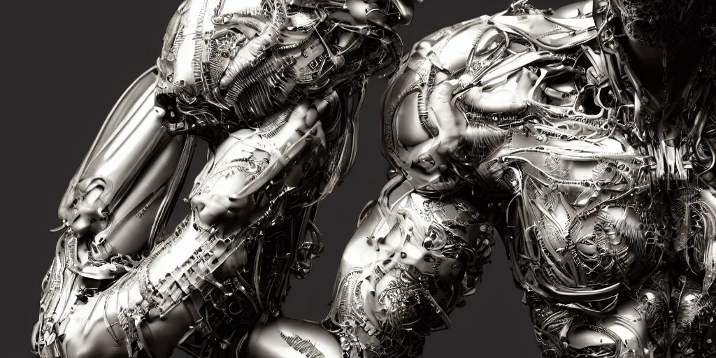 Image similar to hyper realistic photography of a stunningly beautiful cyborg male, plated arm, intimate, chest, holding close, ribbons, in the style of beth cavener, jin kagetsu,, and wlop, highly detailed, intricate filigree, symmetry, masterpiece, award winning, sharp focus, concept art, highkey lighting, ambient lighting, octane render, 8 k, artstation