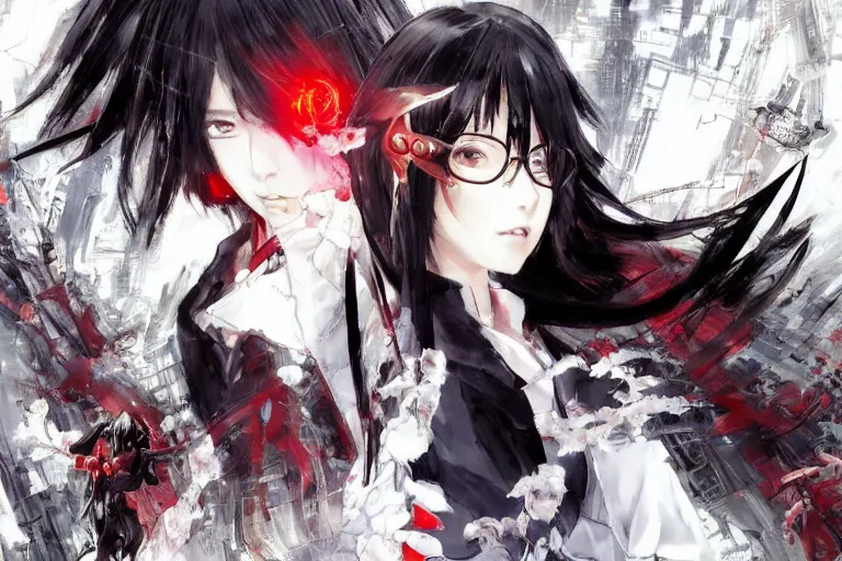 Prompt: 4k concept art of a cute japanese girl with big red eyes and demon wings and short black hair, wearing round glasses and a long robe, drawn by akihiko yoshida and tsutomu nihei and wadim kashin and john berkey and makoto shinkai and yoji shinkawa