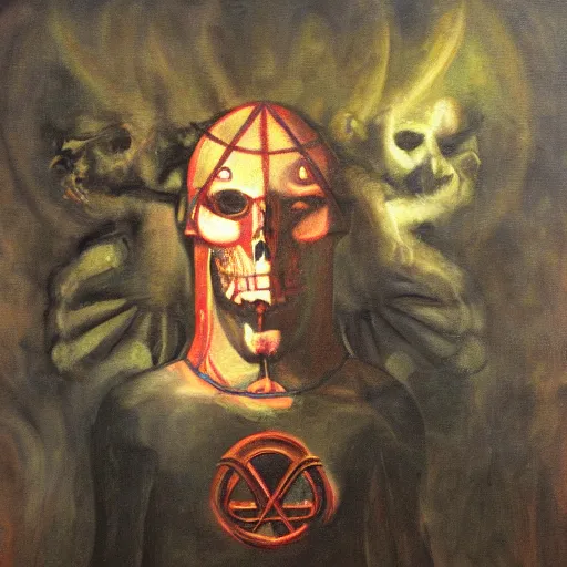 Image similar to portre of an autistic demon on acid, masonic and kabalistic symbols in background, oil painting