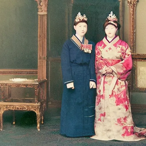 Image similar to a wide full shot, colored russian and japanese mix historical fantasy of a photograph taken of the royal bridesmaids, photographic portrait, warm lighting, 1 9 0 7 photo from the official wedding photographer for the royal wedding.