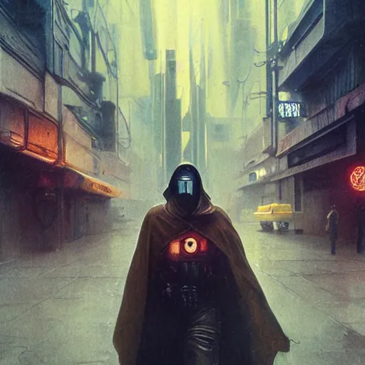 Image similar to portrait of masked byzantine blade runner 2 0 4 9 on the art deco streets of the neo tokyo during the cyber triumph, award - winning realistic sci - fi concept art by beksinski, bruegel, greg rutkowski, alphonse mucha, and yoshitaka amano