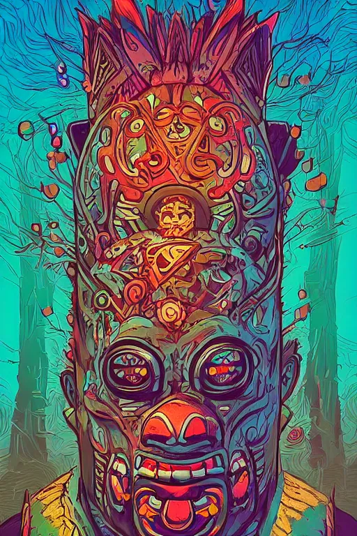 Image similar to totem animal tribal chaman vodoo mask feather gemstone plant wood rock video game illustration vivid color borderlands by josan gonzales and dan mumford radiating a glowing aura