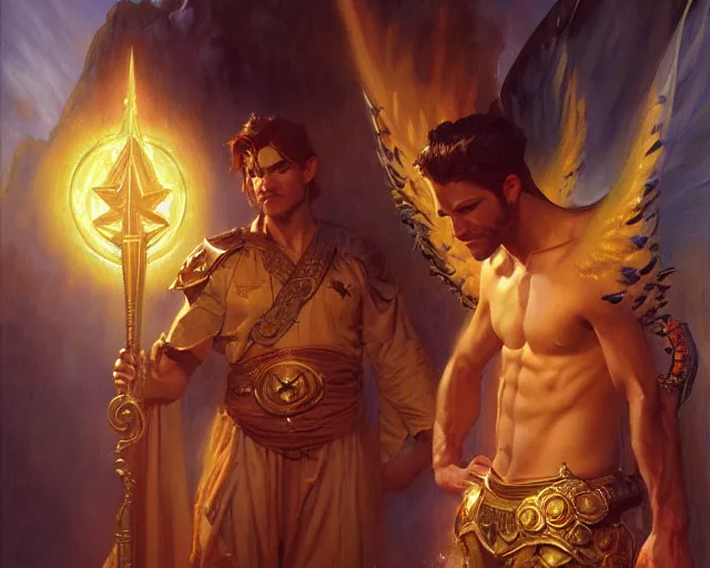 Image similar to attractive male deity, casting demonic magic, summoning handsome lucifer morning star. highly detailed painting by gaston bussiere, craig mullins, j. c. leyendecker 8 k