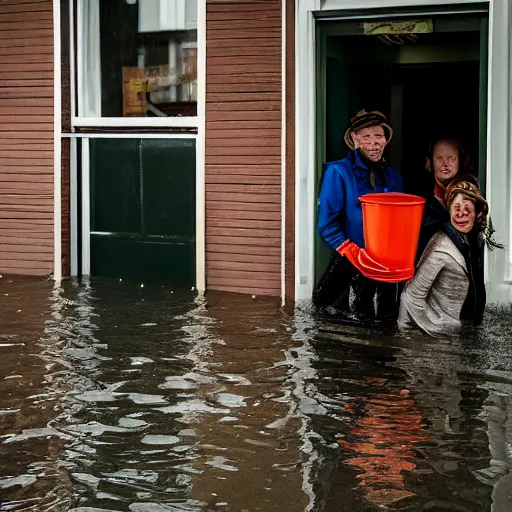 Prompt: closeup potrait of Dutch people with buckets in a flood in Amsterdam, photograph, natural light, sharp, detailed face, magazine, press, photo, Steve McCurry, David Lazar, Canon, Nikon, focus