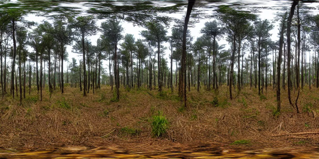 Prompt: high quality 360° image in equirectangular projection of a dense pine forest swamp with straw huts, overcast day