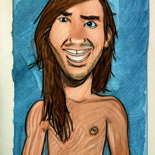 Image similar to sketch of a caucasian face, medium long hair, bad skin, skinny, oval head shape, smiling, climber, weed, mushroom