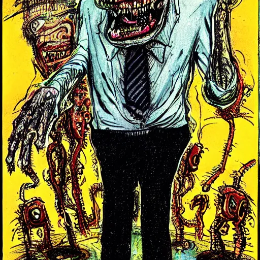 Image similar to Jacob Rothschild full body shot, dollar bills Body horror, biopunk, by Ralph Steadman, Francis Bacon, Hunter S Thompson