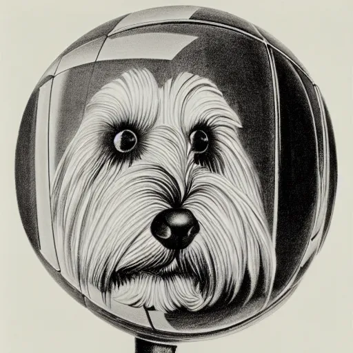 Image similar to self portrait of a havanese dog reflecting into a chrome sphere, 1 9 5 0 s, pen on paper, by mc escher