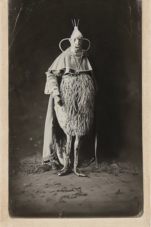 Image similar to a wet plate photo of an anthropomorphic ostrich dressed as pope