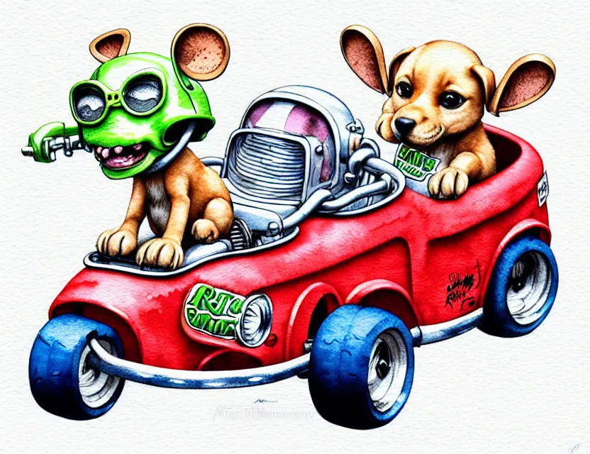 Image similar to cute and funny, puppy wearing a helmet riding in a tiny hot rod with an oversized engine, ratfink style by ed roth, centered award winning watercolor pen illustration, isometric illustration by chihiro iwasaki, edited by range murata, tiny details by artgerm and watercolor girl, symmetrically isometrically centered, sharply focused