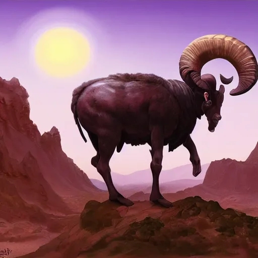 Image similar to ram caught with its horn in a bush. Desert mountain background. Sunrise. digital painting, by Frank Frazetta and Yusuke Murata, concept art, highly detailed, promotional art, HD, digital painting, trending on ArtStation, golden ratio, rule of thirds