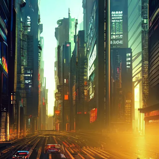 Image similar to cyberpunk cityscape like tokyo newyork street with tall buildings at dusk golden hour cinematic lighting, epic composition. A golden daylight, hyper-realistic environment. Hyper and intricate detail, photo-realistic. Cinematic and volumetric light. Epic concept art. Octane render and Unreal Engine, trending on artstation-H 768