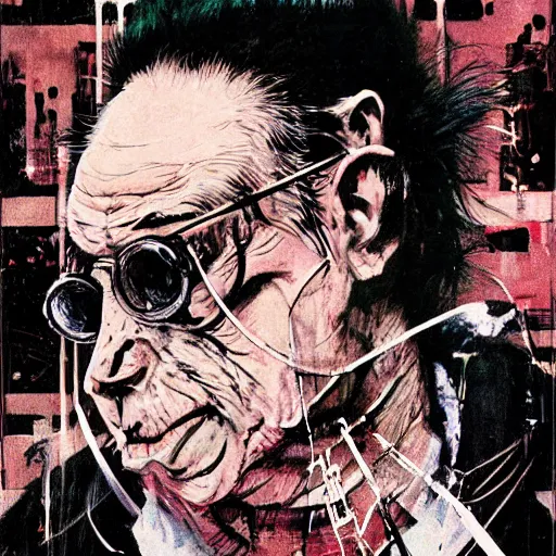 Prompt: Graphic Illustration, Creative Design, Monkey, Techwear, Cyberpunk, Full Body Portrait, Character Design, by Ralph Steadman, Francis Bacon, Hunter S Thompson