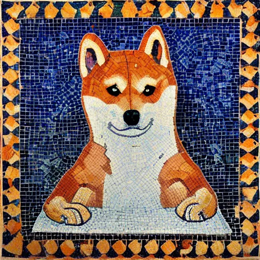 Image similar to an ancient roman tile mosaic depicting a shiba inu in a bath, a detailed masterpiece